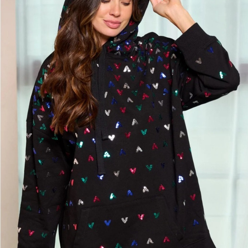 Black Sequin Heart Hoodie for Women